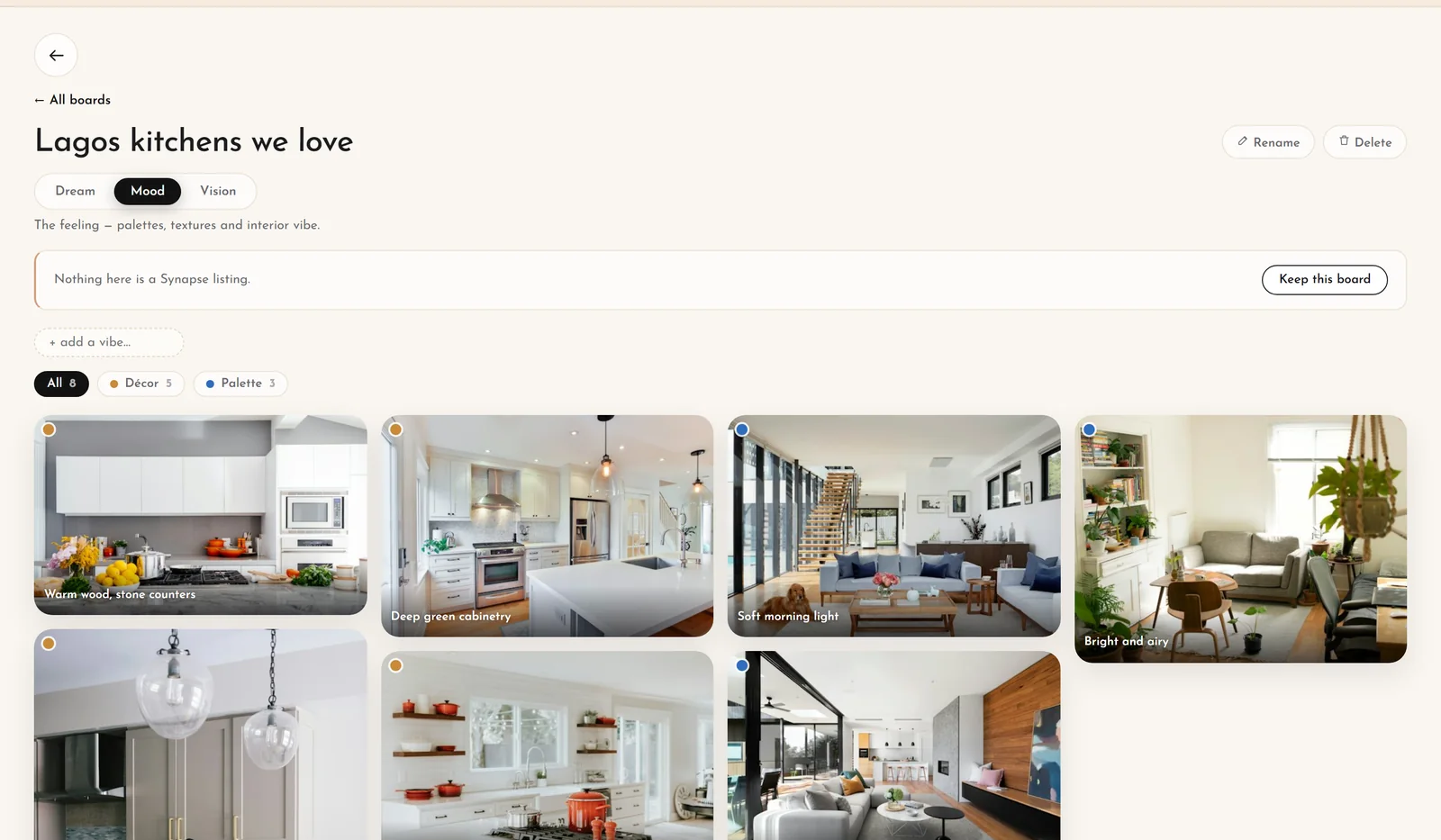 A dream board of kitchens: warm wood, deep green cabinetry, soft morning light.