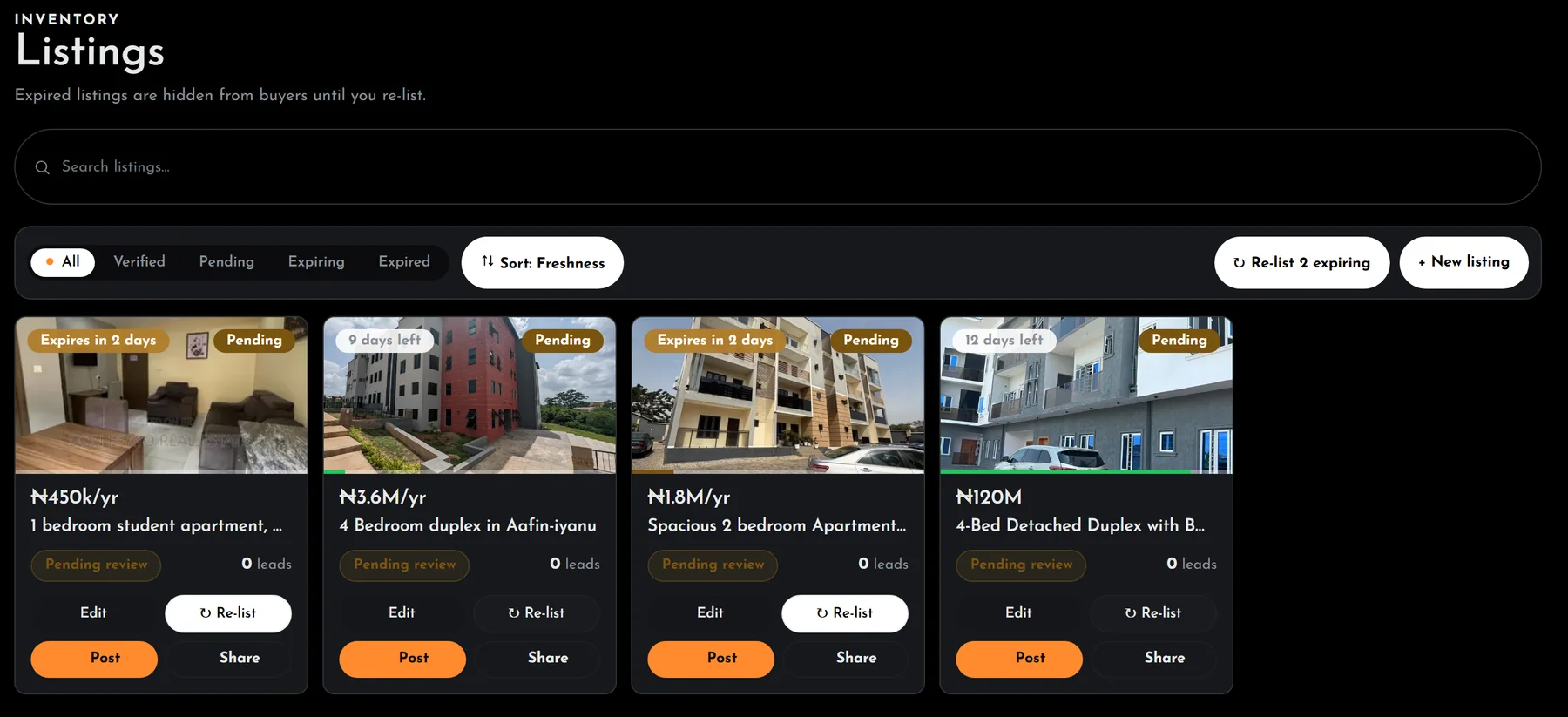 Listings in the portal: each home with its price, days left, review status, leads, and buttons to post or share it.