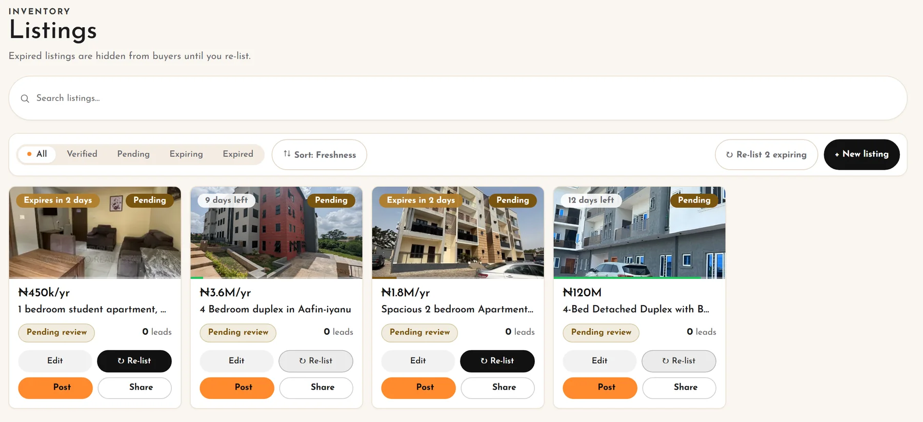 Listings in the portal: each home with its price, days left, review status, leads, and buttons to post or share it.