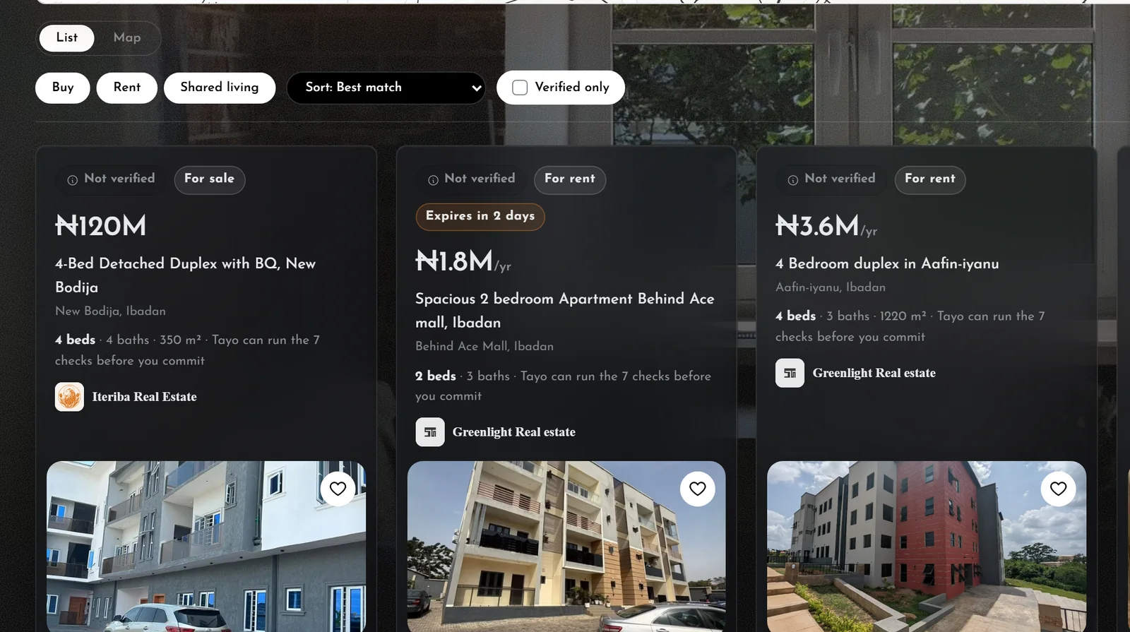 Your matches: homes in Ibadan with their prices, whether each is verified, and its photograph.