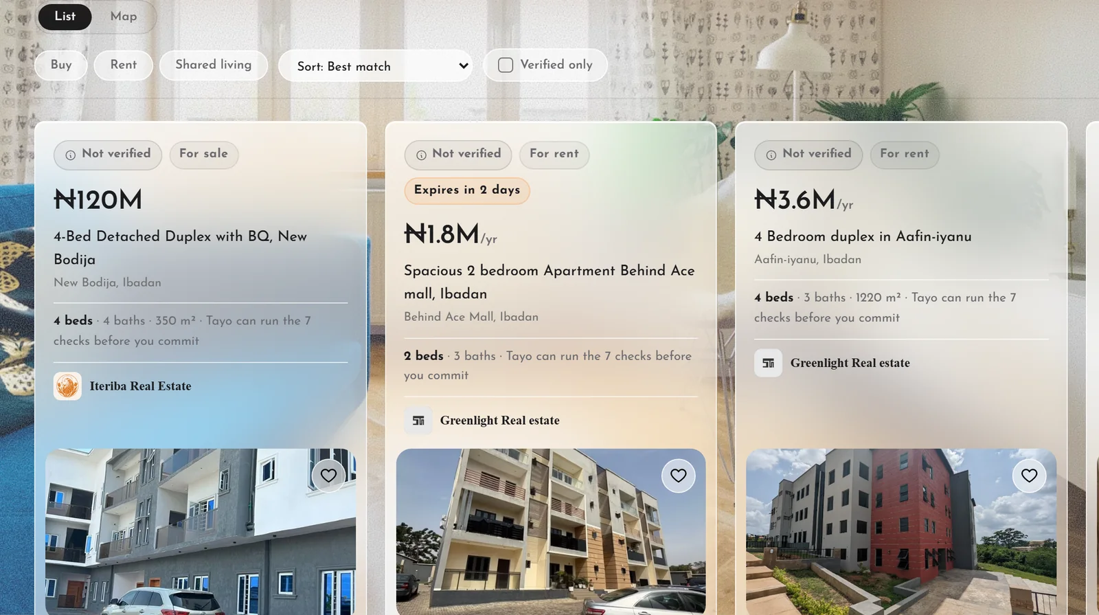 Your matches: homes in Ibadan with their prices, whether each is verified, and its photograph.