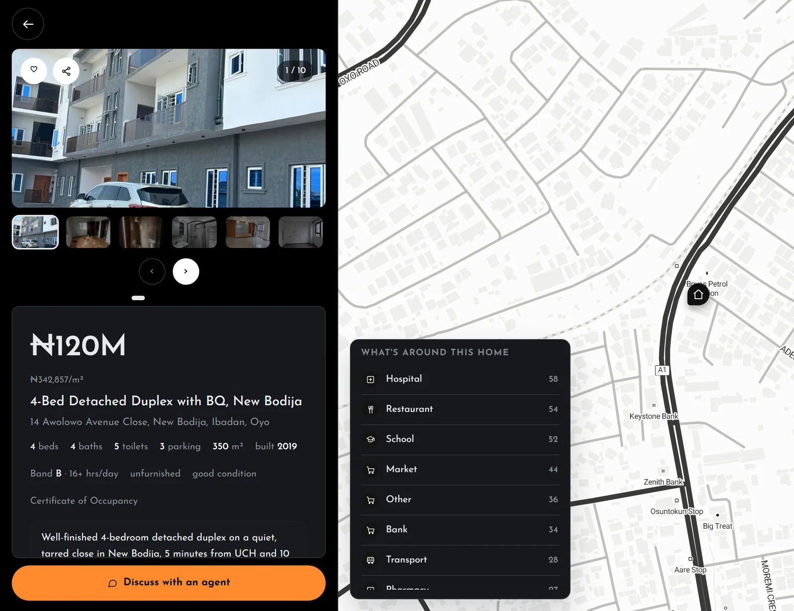 A listing on Synapse: the house, its price, and a map of what is around it.