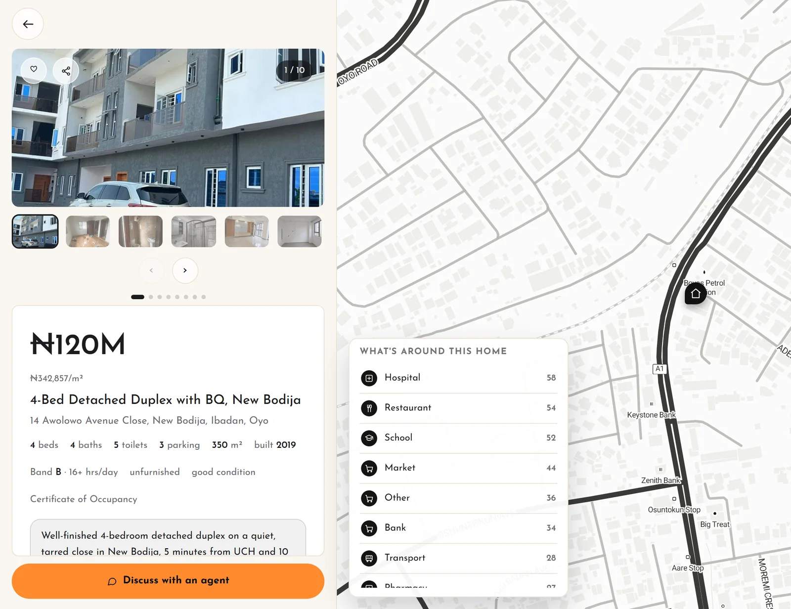 A listing on Synapse: the house, its price, and a map of what is around it.