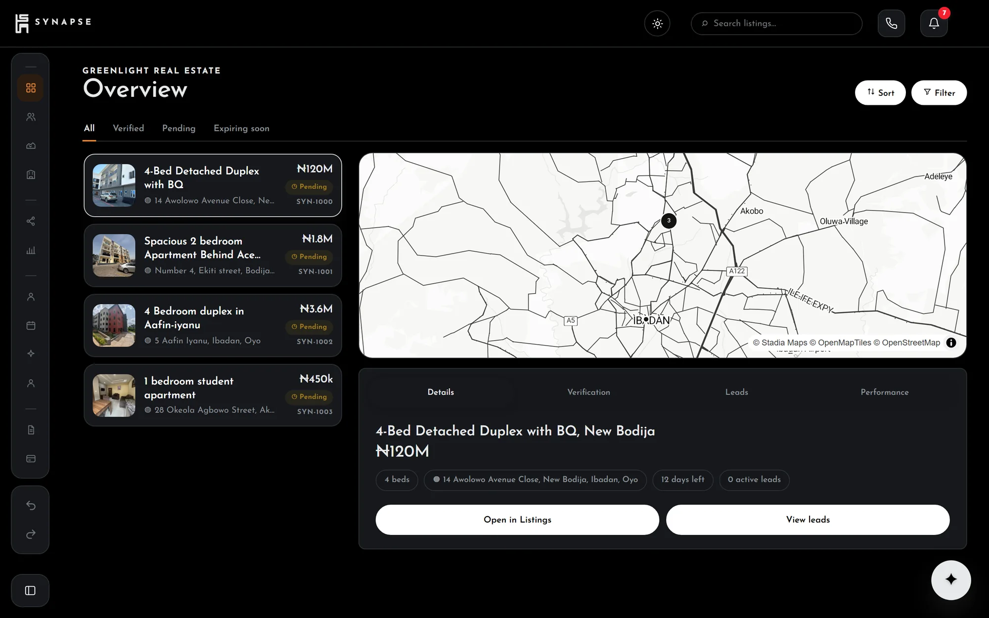 The Synapse agency portal: an agency's listings with prices and photos, a map of Ibadan, and the chosen listing's details.