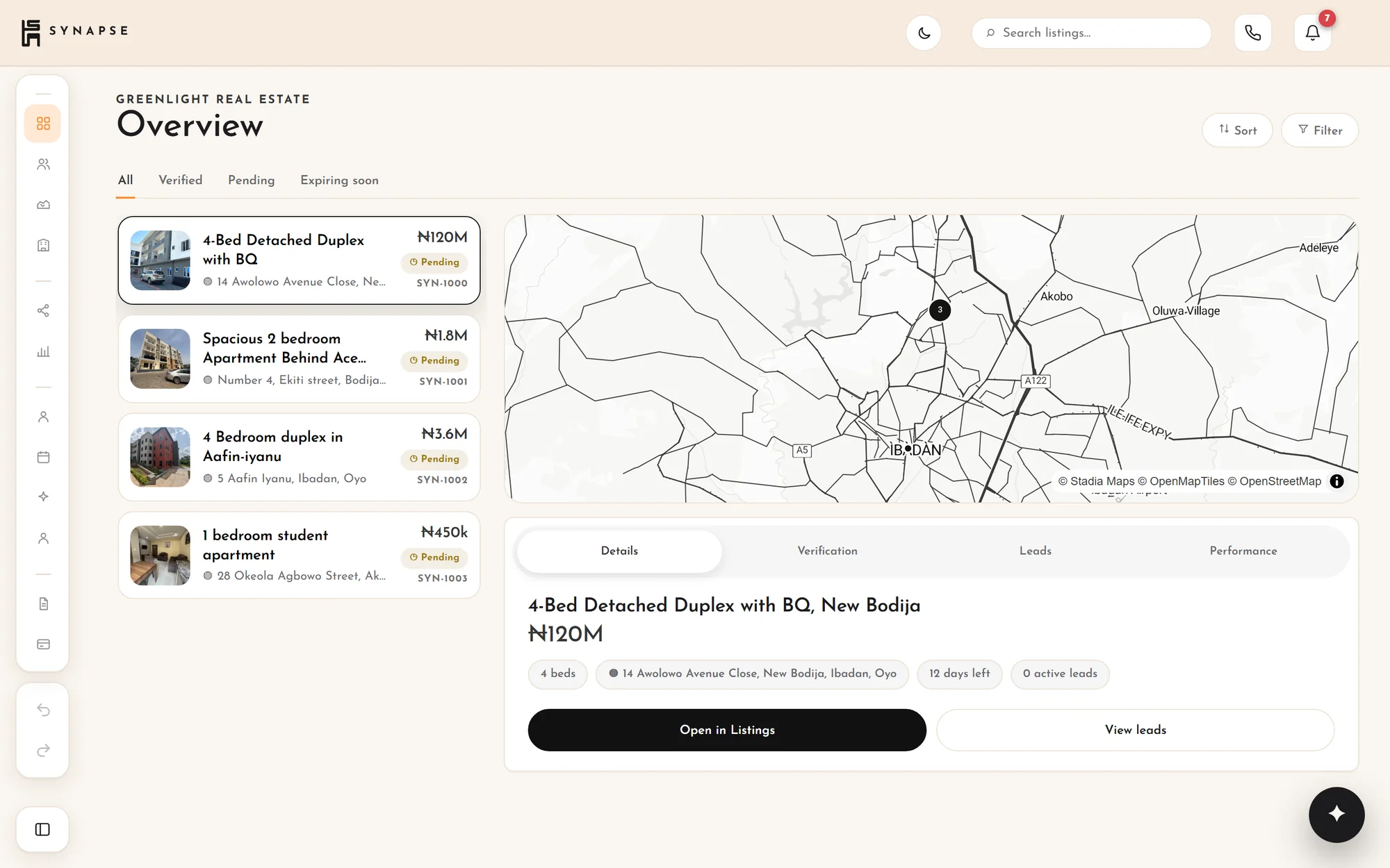 The Synapse agency portal: an agency's listings with prices and photos, a map of Ibadan, and the chosen listing's details.